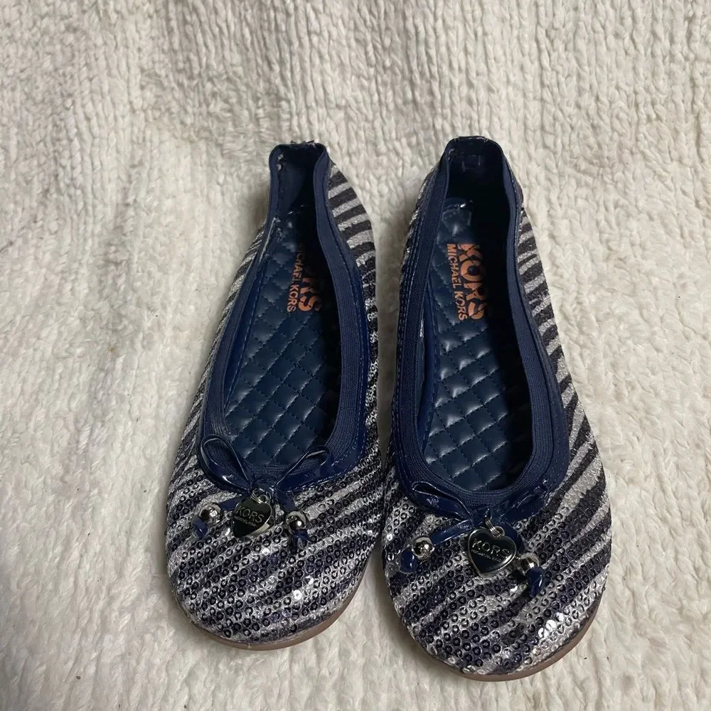Michael Kors Kids' Striped Navy and Silver Slippers SZ4